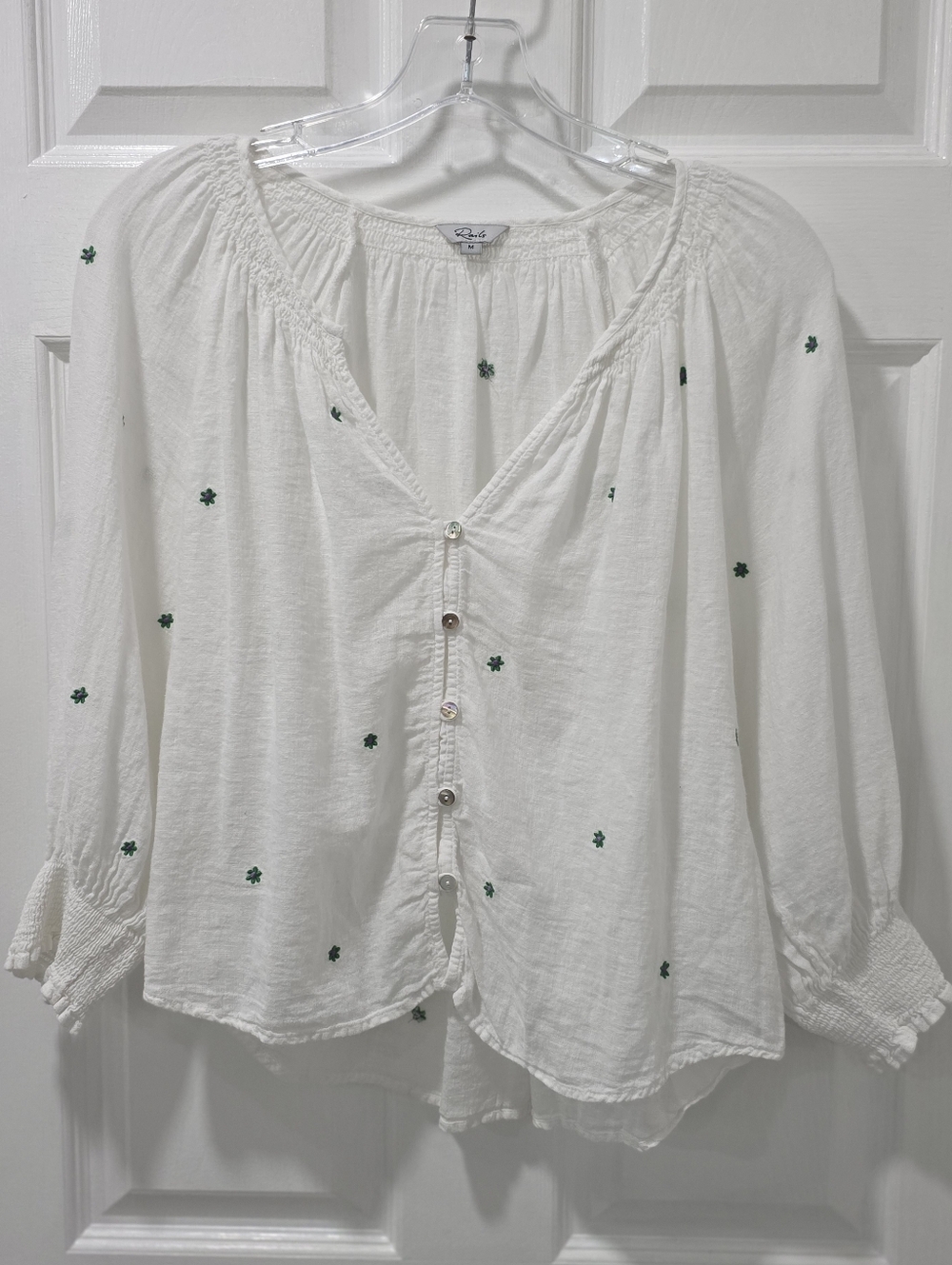 Rails Mariah Green Daisy Embroidered Linen Blouse, Size Medium - Picture 5 of 10